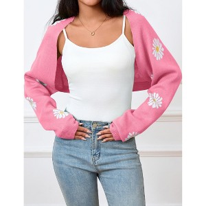 Women's Cropped Cardigan Sweater Floral Shrugs Long Sleeve Open Front Knit Top - 1 of 4