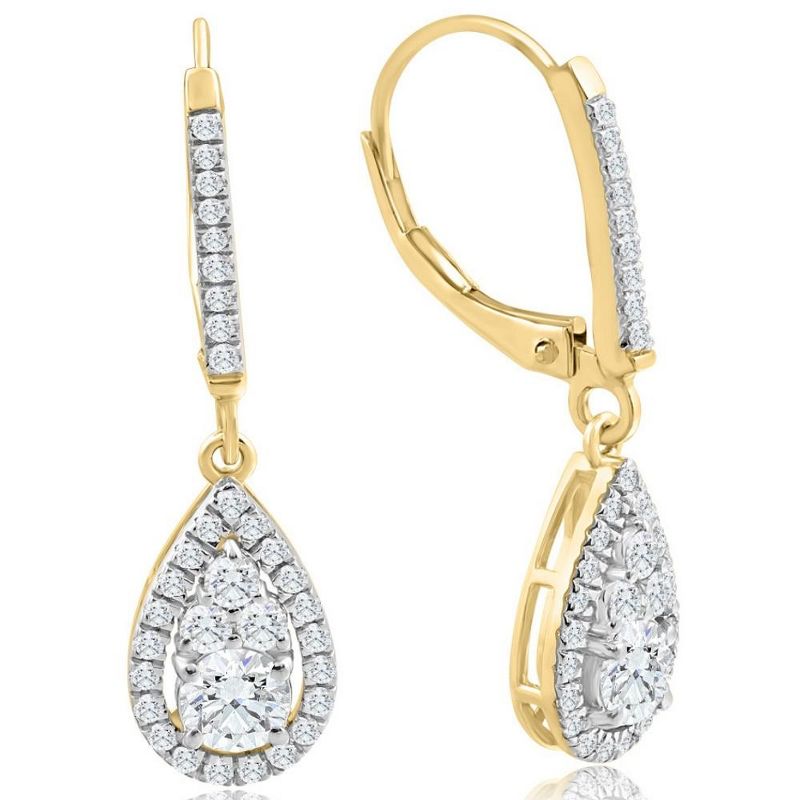 Pompeii3 1Ct TW Pear Shape Diamond Dangle Lever Back Earrings Yellow Gold Lab Created, 2 of 4