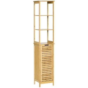kleankin Bathroom Floor Cabinet with 3 Shelves and Cupboard, Slim and Freestanding Linen Tower with Storage, Natural - 1 of 4