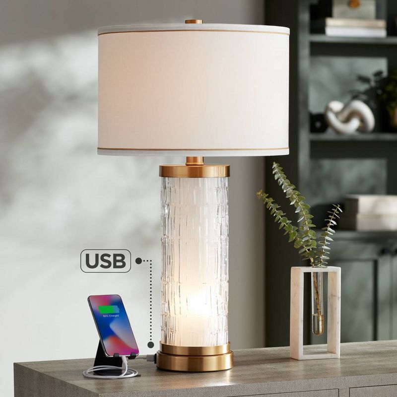 Possini Euro Design Eastlake 29" Tall Cylinder Modern End Table Lamp USB Port Night Light Clear Gold Glass Single White Shade Living Room Charging, 2 of 10
