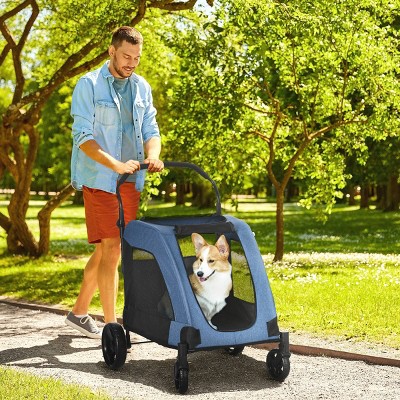 Foldable Pet Stroller for Medium Dogs with Mesh Windows,Storage Basket And Brakes,Travel Dog Carrier Cart–LAOTIES