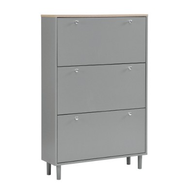 TIRAMISUBEST Dark Oak Sleek Shoe Rack-Narrow Cabinet with Barn Door Design, 2 Flip Drawers & Open Storage for Entryway