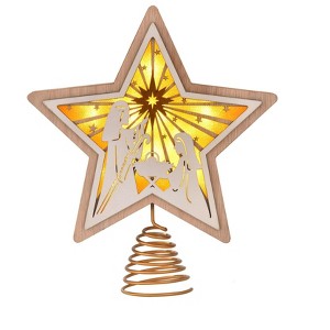 Aoibox 1 Piece 3D Wooden Star Christmas Tree Topper White Hollow Design LED Light 3 Modes 6 Hour Timer 7.87 x 8.86 Inch Holiday Decor - 1 of 4