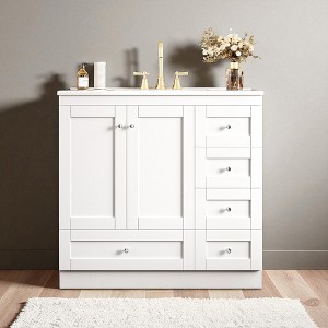 36" Shaker Style Bathroom Vanity with Ceramic Sink, 2 Soft Close Doors, 4 Drawers, Free Standing Storage Cabinet for Bathroom - 1 of 4