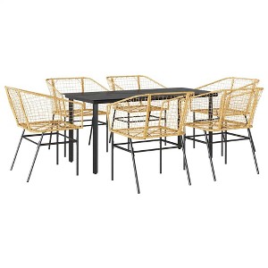 vidaXL 7-Piece Patio Dining Set - Brown PE Rattan Furniture with Tempered Glass Table - Outdoor Garden Seating for Deck/Backyard - 1 of 4
