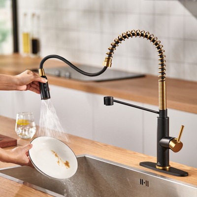 Matte Black and Brushed Gold Pull Down Kitchen Faucet
