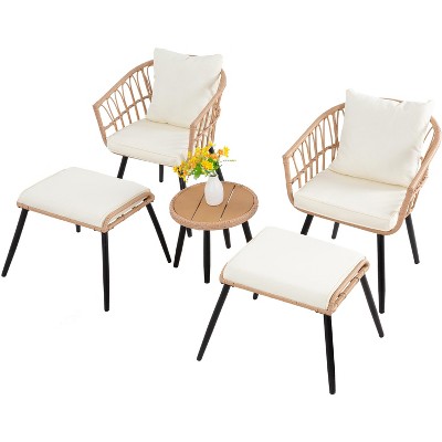 Anybear 5PC Yellow-Beige Wicker Rattan Table and Chairs Set with Ottoman Patio Bistro Set