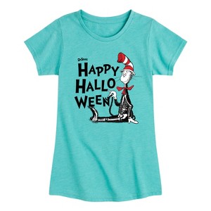 Girls' - Dr. Seuss - Cat in the Hat Happy Halloween Skeleton Cat Fitted Short Sleeve Graphic T-Shirt - 1 of 4