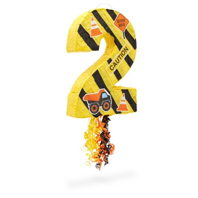 Blue Panda Number 2 Pull String Pinata, Construction Birthday Party Supplies (16.5 x 11.57 x 3 In)