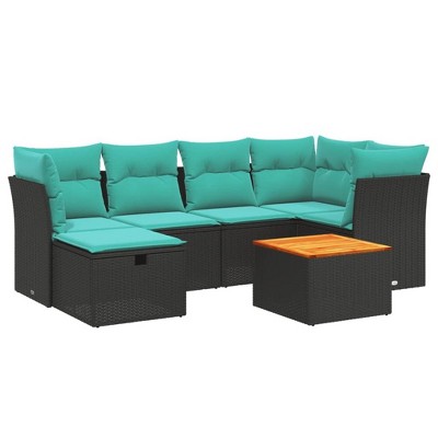 vidaXL 7 Piece Patio Sofa Set with Cushions Black Poly Rattan - without storage