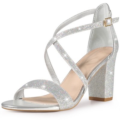 Perphy Women's Glitter Open Toe Criss Cross Strap Chunky Heel Sandals