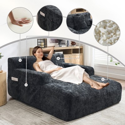 Chenille Chaise Lounge Lazy Sofa Chair with Armrests and Three Pillows for Living Room or Bedroom