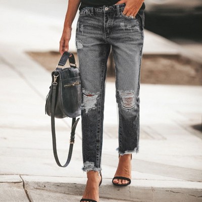Women’s Distressed Jeans Non Stretch Ripped Vintage Baggy Straight Leg Denim Pants