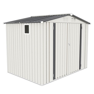 Vynxaria 8x6FT Metal Outdoor Storage Shed, Waterproof Tool Shed with Pitched Roof, Side Window & Lockable Door, White + Gray