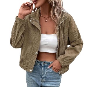 Coolmee Women's Cropped Waffle Knit Shacket Short Button Down Jacket Sleeve Shirts with Pocket - 1 of 4