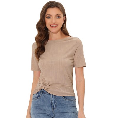 Allegra K Women's Summer Casual Boat Neck Short Sleeve Twist Knot Crop T-Shirt