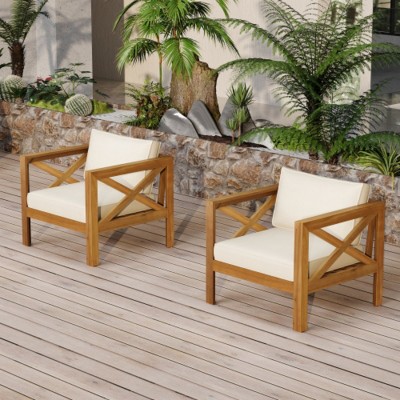 Set of 2 Modern Acacia Wood Club Chairs with Cushions, Accent Arm Chairs for Patio, Balcony, or Sunroom–The Pop Home