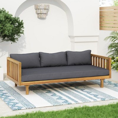 Outdoor 3 Seater Acacia Wood Daybed,Fabric Upholstered Sofa Bed,Open Slat Paneling Armrests Daybed For Patio Backyard,Garden-Coolbibila