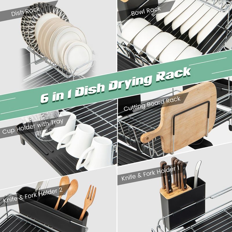 Costway 2 Tier Dish Drying Rack Rustproof Dish Rack and Drainboard Set Kitchen Counter, 4 of 9