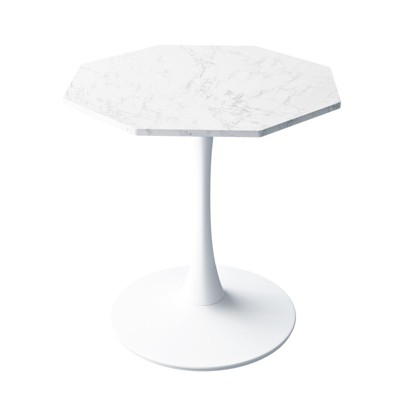 FONTOI 31.50" Octagonal End Table with Metal Pedestal, Side Table with Marble Pattern Table Top for Living Room Bedroom Small Space, White,