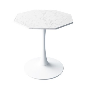 FONTOI 31.50" Octagonal End Table with Metal Pedestal, Side Table with Marble Pattern Table Top for Living Room Bedroom Small Space, White, - 1 of 4