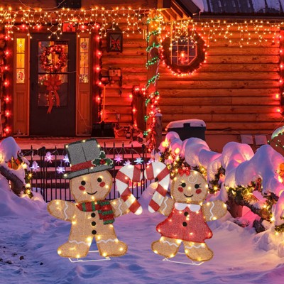 Angel Sar Set of 2 Lighted Gingerbread Man Decorations, Pre-lit Christmas Decor with Candy Cane and 80 Warm White LEDs, Outdoor Indoor Holiday Display
