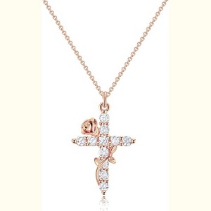 14K Gold Plated Crown Cross Pendant Necklace Non Tarnish Religious Gift C Flower Cross, Rose Gold - 1 of 4
