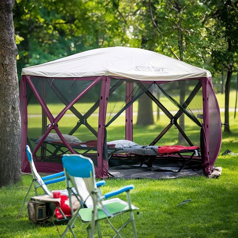 CLAM Quick-Set Escape 11.5 x 11.5 Foot Portable Pop-Up Outdoor Camping Gazebo Screen Tent 6-Sided Canopy Shelter with Stakes & Carry Bag, Plum, 5 of 7