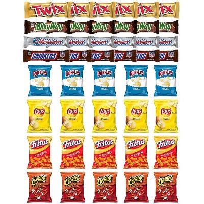 Twix, MilkyWay, 3 Musketeers, Snickers Chocolate Bars & Ruffles, Lays Classic, Cheetos Crunchy & Fritos Original Snack Verity  Pack of 44