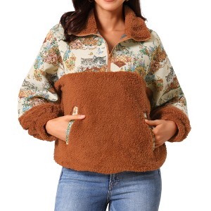 INSPIRE CHIC Women's Winter Long Sleeve Lapel Half Zip Faux Fur Solid Panel Pullover with Pockets sweatshirt - 1 of 4