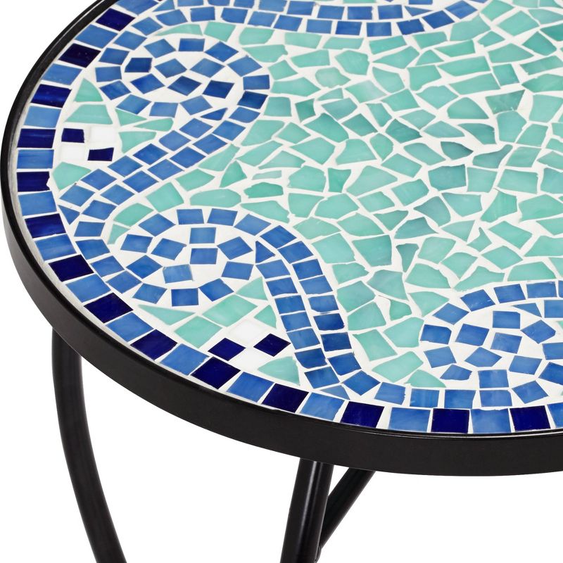 Teal Island Designs Black Round Outdoor Accent Side Tables 14" Wide Set of 2 Blue Wave Mosaic Tabletop Front Porch Patio Home House, 2 of 8