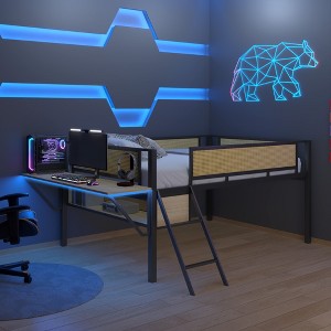 KTMBDW Low Loft Bed Twin/Full Size with Desk Gaming, Metal Loft Bed with LED and Storage Space, Safety Guard and Ladder, No Box Spring Needed - 1 of 4
