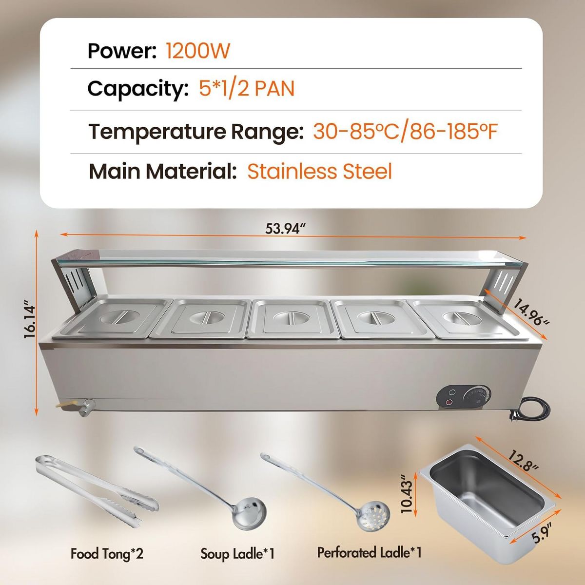 5 Pan Commercial Food Warmer, 60QT Electric Steam Table Buffet Server and Warmer, Tempered Glass Shield - thumbnail 3