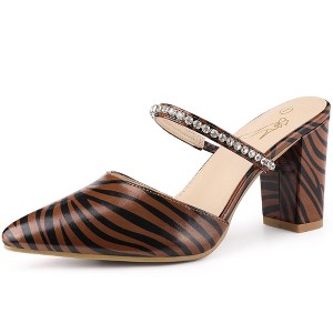 Perphy Women's Zebra Print Pointed Toe Rhinestones Strap Chunky Heel Mules - 1 of 4