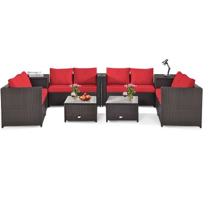 Tangkula Outdoor Rattan Sectional Loveseat Couch Conversation Sofa Set with Storage Box &Coffee Table Red/Navy/Turquoise