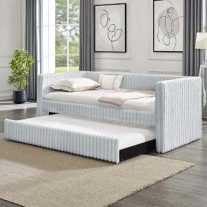 Racxily Twin Size Daybed, Upholstered Sofa Bed with Pull-Out Trundle, Plaid Corduroy Fabric - 1 of 4