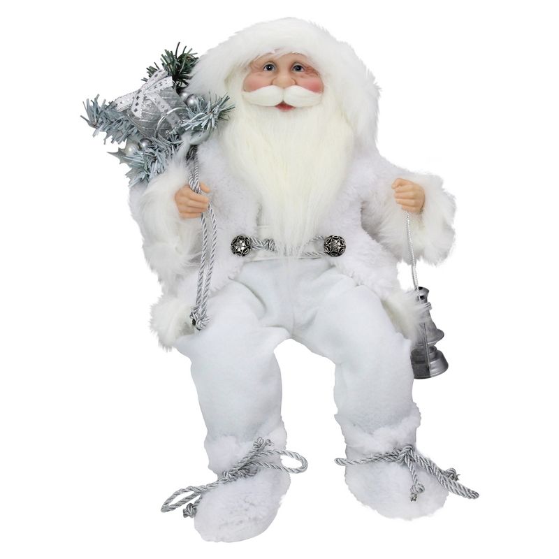 Northlight 16" White Frost Sitting Santa Claus Christmas Figure with Lantern, 1 of 5