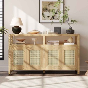 Bohemian Style Rattan Sideboard Cabinet, Cabinet with Push-to-Open Doors and Adjustable Shelves, Cabinet with Wood Frame-Coolbibila - 1 of 4