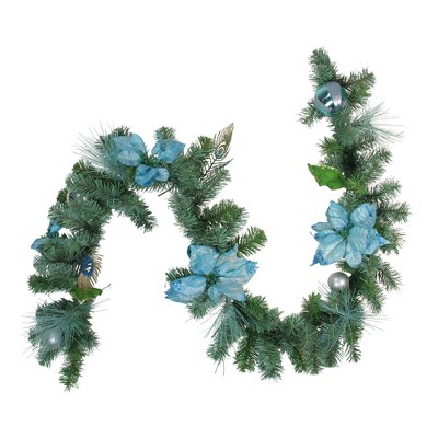 Northlight 6' x 9" Unlit Blue/Silver Peacock and Poinsettia Artificial Christmas Garland