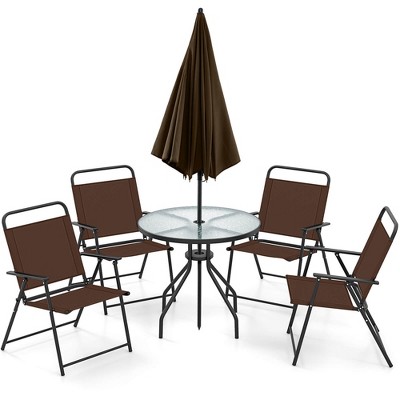 Tangkula 6 PCS Patio Dining Set w/ Umbrella 4 Folding Patio Chairs w/ Round Tempered Glass Table