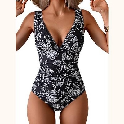 Eomenie One Piece Swimsuit for Women Tummy Control Plunge V Neck Bathing Suit Slimming Wide Straps Swimwear