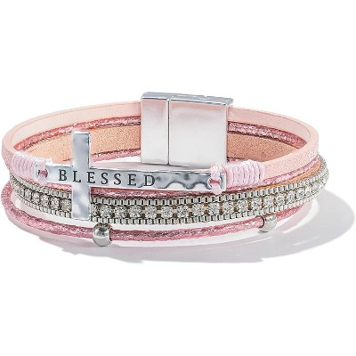 Cross Leather Bracelet with Magnetic Clasp, Christian Religious Boho Wrap Cuff Bangle for Women