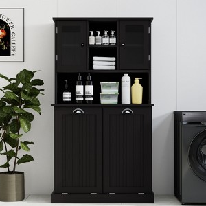 Okak Tall Cabinet Storage Cabinet with Tilt-Out Dirty Laundry Basket, Storage Cabinet with 2 Adjustable Shelves and Doors for Living Room - 1 of 4