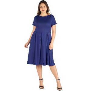 24seven Comfort Apparel Short Sleeve Plus Size  Midi Skater Dress With Pockets - 1 of 4
