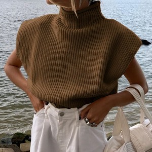 Coolmee Women's Solid Sleeveless Vest Elegant High Neck Stretchable Cap Sleeve Knit Sweater Tops - 1 of 3