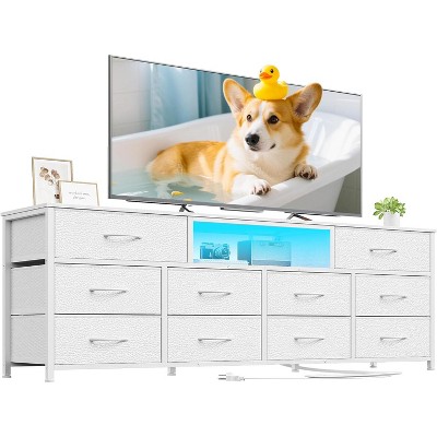 Furnulem 63” long bedroom dressing table suitable for 65 to 75 inch TV dressing table with 10 fabric drawers includes power outlet and LED lighting