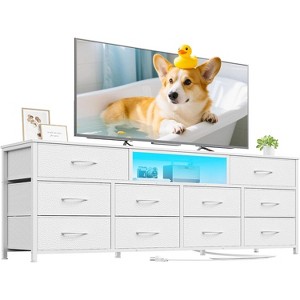 Furnulem 63” long bedroom dressing table suitable for 65 to 75 inch TV dressing table with 10 fabric drawers includes power outlet and LED lighting - 1 of 4