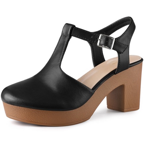 Perphy Women's Sandals Platform T-Strap Clog Shoes Chunky Heels Mules Black  7