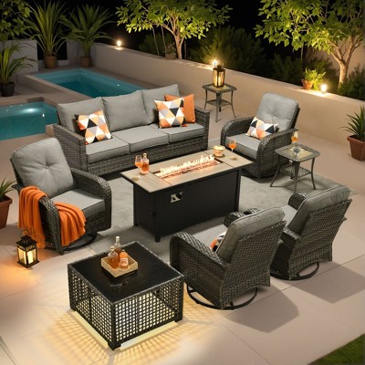XIZZI Patio Furniture Sets for Relaxation, Comfy 3.5-Inch Cushions & 360° Swivel Action for Extra Comfort, 9 Pcs/Set - Fire Pit Table, Dark Gray